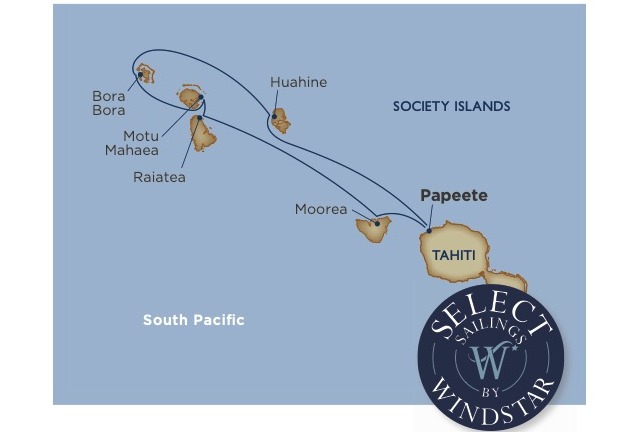 Windstar sailing route through the Society Islands: Papeete, Moorea, Raiatea, Motu Mahaea (Taha'a), Bora Bora, and Huahine, returning to Papeete.