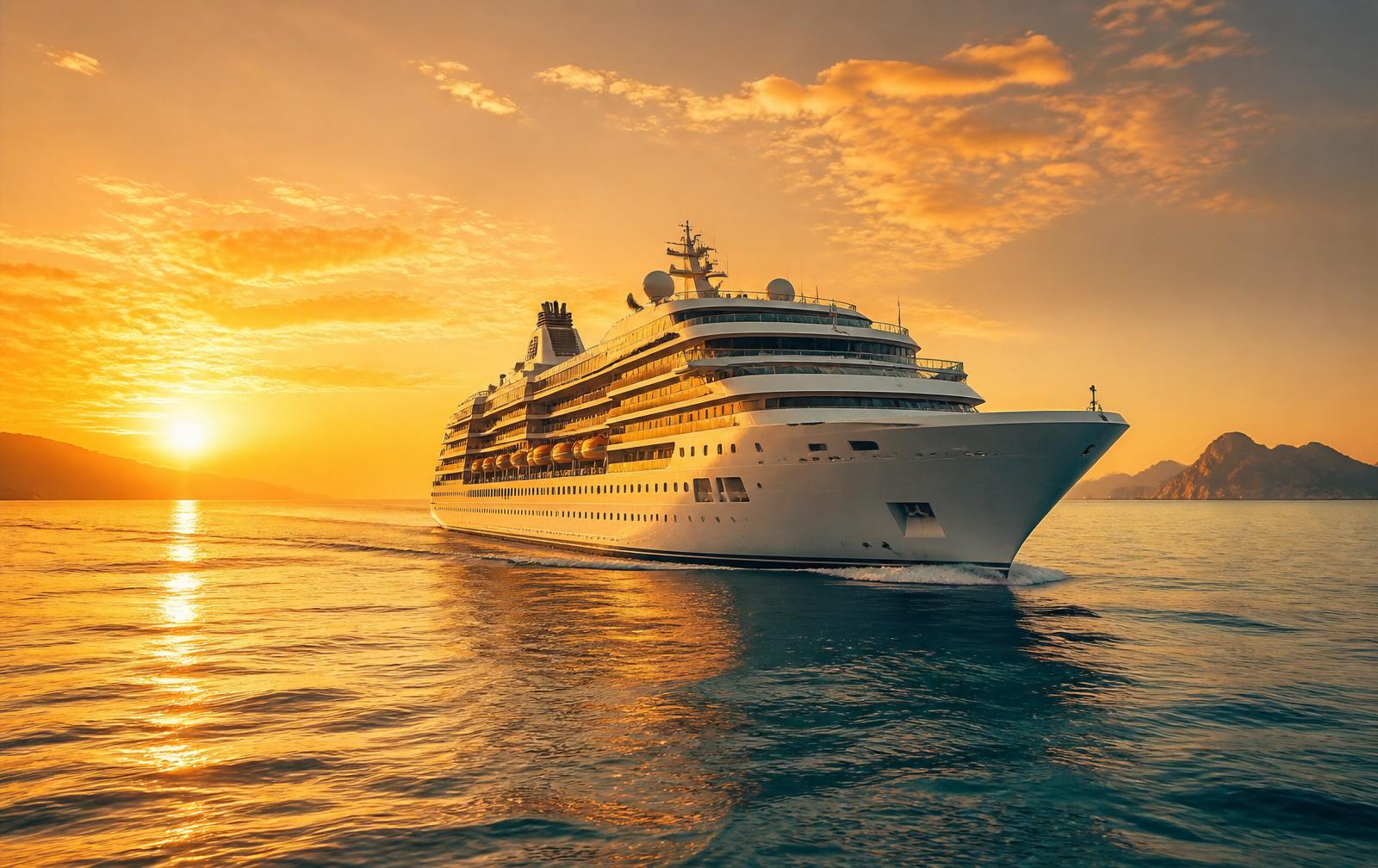 Luxury cruise ship at sunset on calm ocean