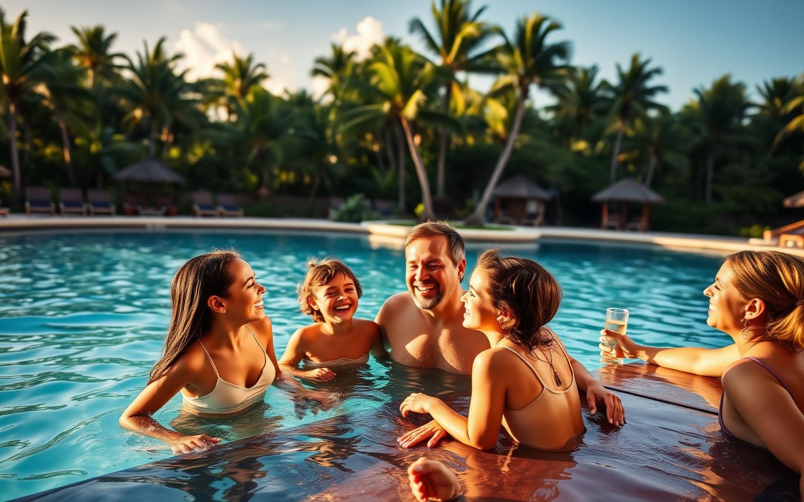 Family laughing together at a resort swim-up pool