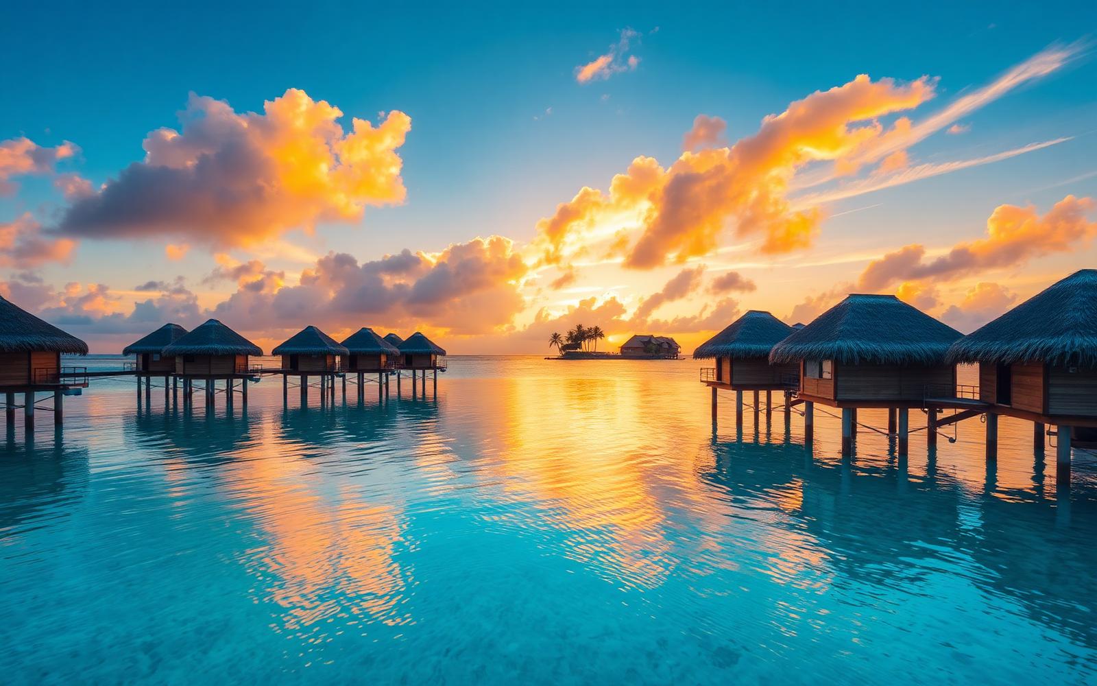 Overwater bungalows at sunset in a turquoise lagoon
