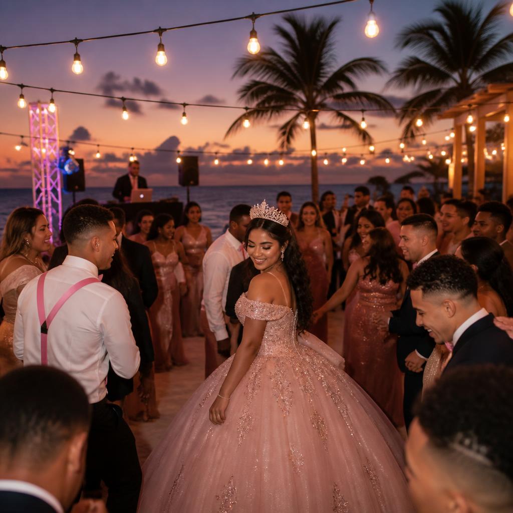 Beachfront quinceañera celebration at an all-inclusive resort at sunset