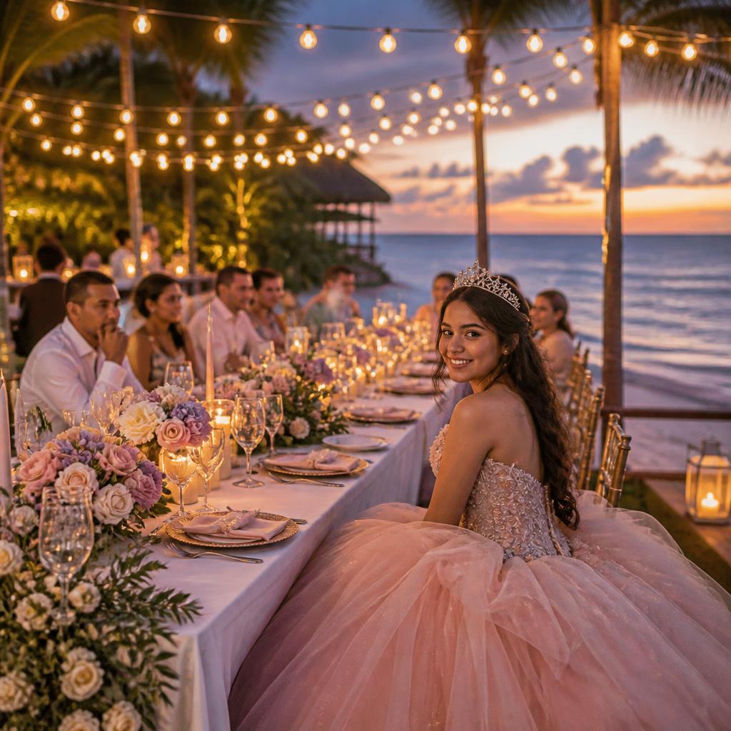 Beachfront banquet setup for a quinceañera celebration
